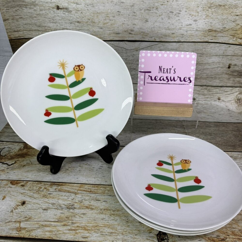 Rachael Ray HOLIDAY HOOT Christmas Tree Owl Stars Porcelain Salad Plates Set 4